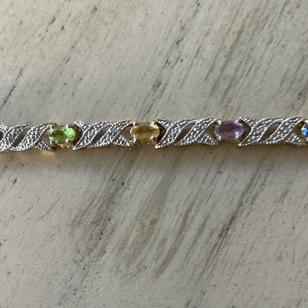 FAS Silver Vermeil Diamond Oval Multi Semi Precious Gems Tennis Bracelet